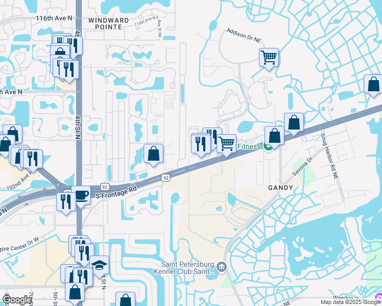 map of restaurants, bars, coffee shops, grocery stores, and more near 10515 Gandy Boulevard North in St. Petersburg