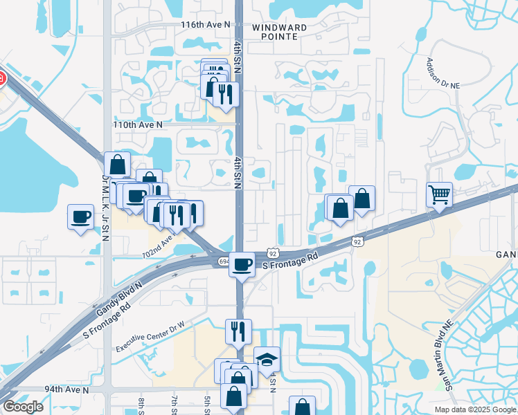 map of restaurants, bars, coffee shops, grocery stores, and more near 10404 3rd Street North in St. Petersburg