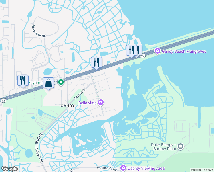 map of restaurants, bars, coffee shops, grocery stores, and more near 10433 San Fernando Drive Northeast in St. Petersburg