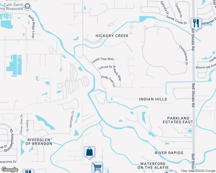 map of restaurants, bars, coffee shops, grocery stores, and more near 4876 Rambling River Road in Brandon