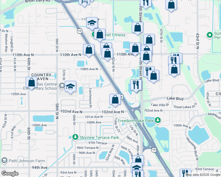 map of restaurants, bars, coffee shops, grocery stores, and more near 5228 Springwood Boulevard in Pinellas Park