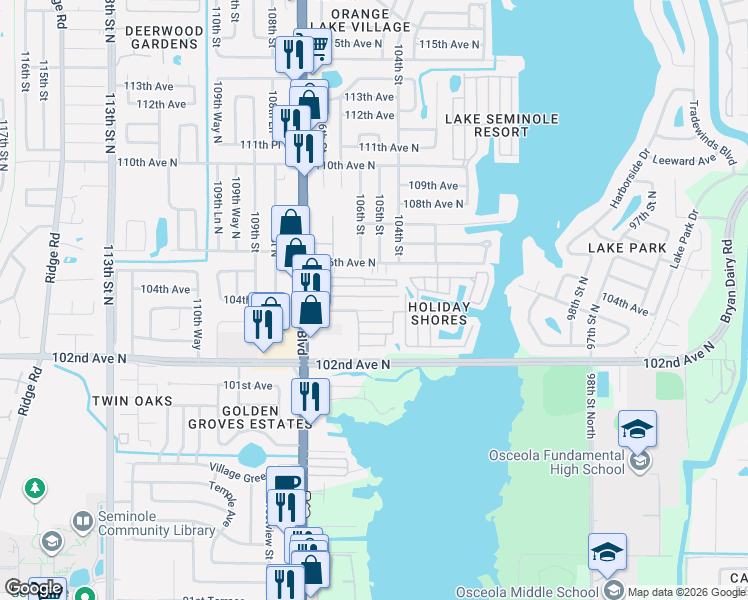map of restaurants, bars, coffee shops, grocery stores, and more near 10413 Holiday Shores Drive in Largo