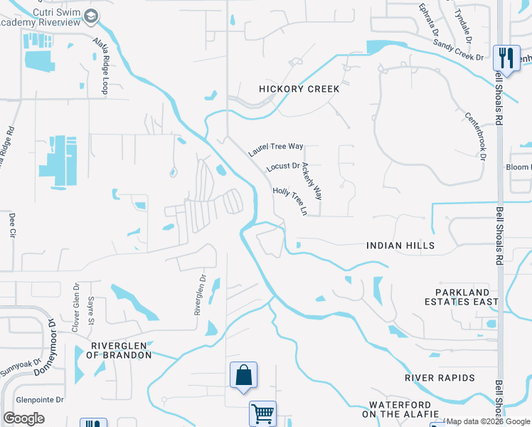map of restaurants, bars, coffee shops, grocery stores, and more near 4868 Rambling River Road in Brandon