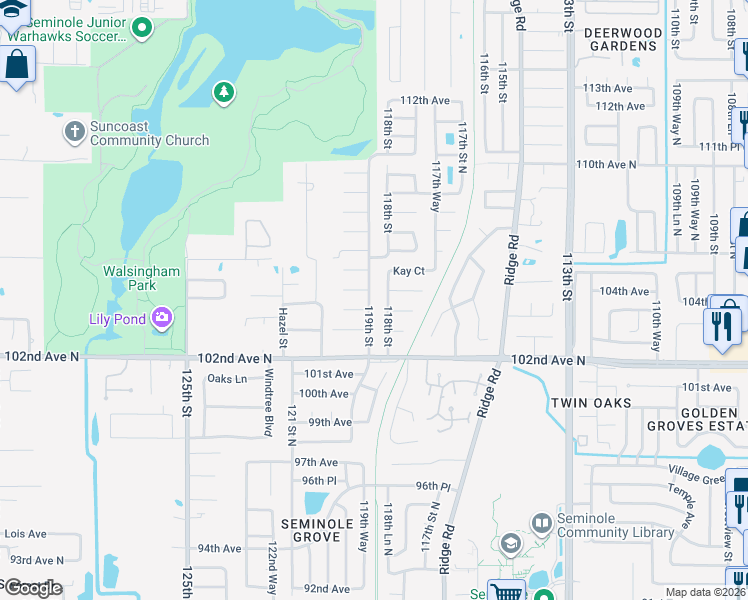 map of restaurants, bars, coffee shops, grocery stores, and more near 11796 Saree Court in Largo
