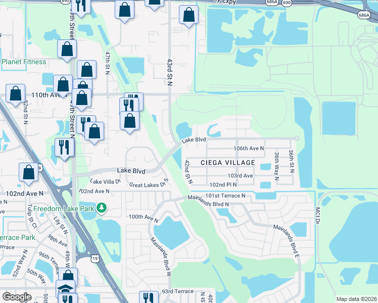 map of restaurants, bars, coffee shops, grocery stores, and more near 4188 105th Avenue North in Clearwater