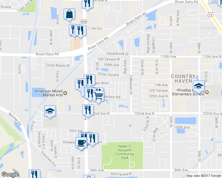 map of restaurants, bars, coffee shops, grocery stores, and more near 66211 Milton Road in Pinellas Park