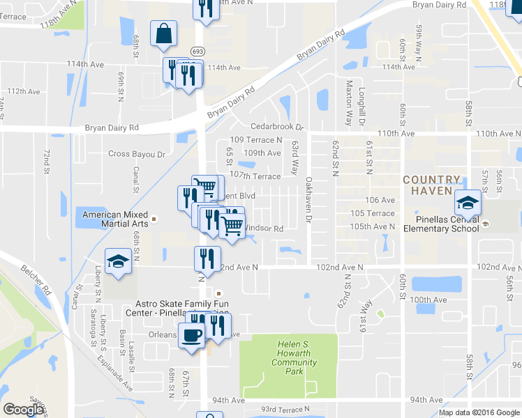 map of restaurants, bars, coffee shops, grocery stores, and more near 66041 Regent Boulevard in Pinellas Park