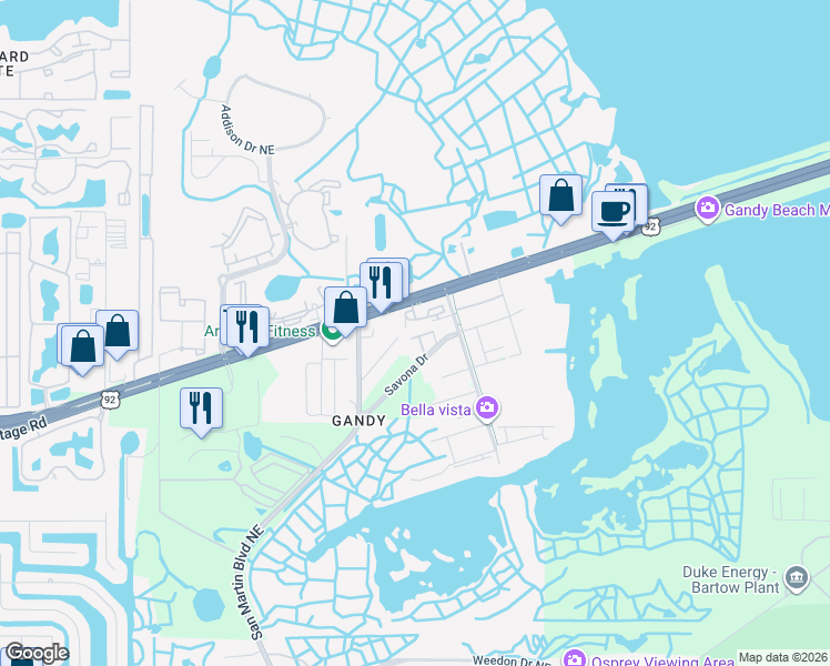 map of restaurants, bars, coffee shops, grocery stores, and more near 10900 Gandy Boulevard North in St. Petersburg