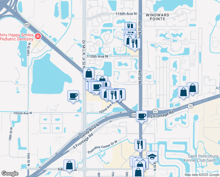 map of restaurants, bars, coffee shops, grocery stores, and more near 760 South Village Drive in St. Petersburg