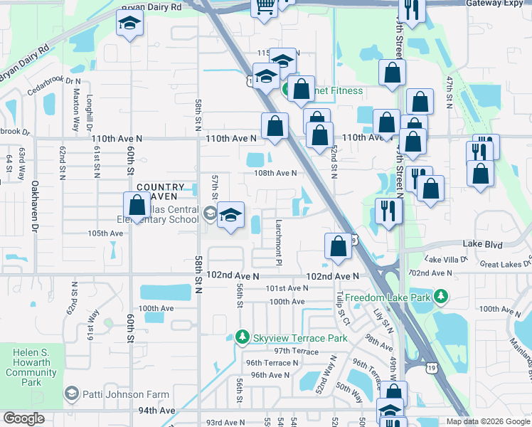 map of restaurants, bars, coffee shops, grocery stores, and more near 10616 Sandalwood Court in Pinellas Park