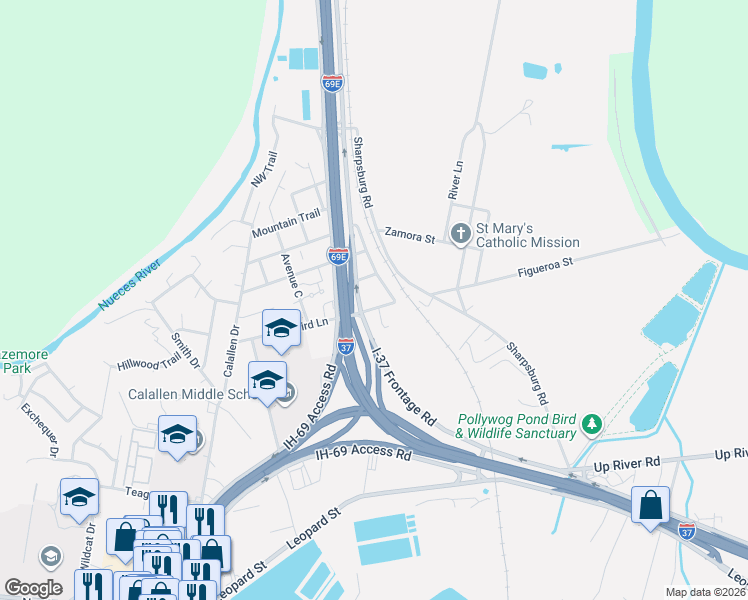map of restaurants, bars, coffee shops, grocery stores, and more near 4829 Railroad Avenue in Corpus Christi