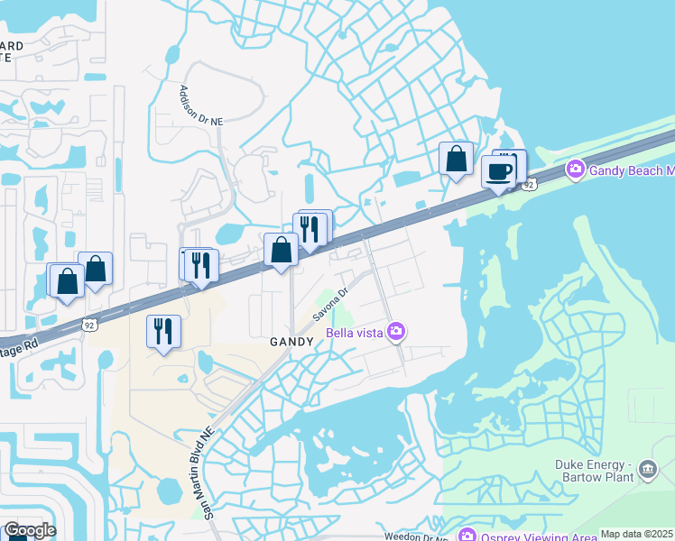 map of restaurants, bars, coffee shops, grocery stores, and more near 10900 Gandy Boulevard North in St. Petersburg