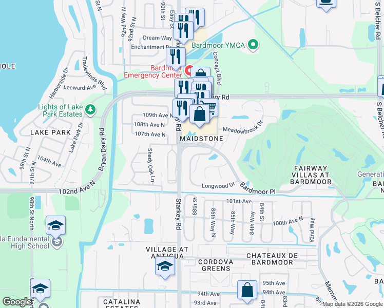 map of restaurants, bars, coffee shops, grocery stores, and more near 10480 Longwood Drive in Largo