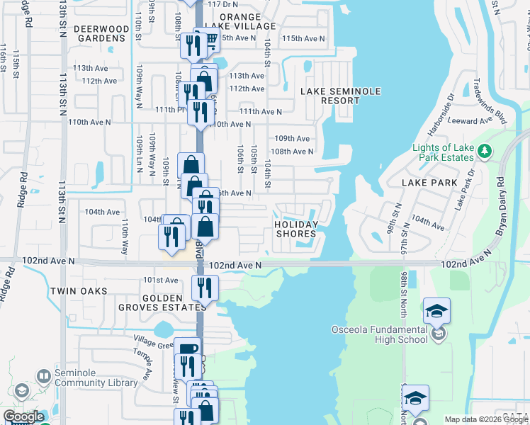 map of restaurants, bars, coffee shops, grocery stores, and more near 10436 106th Avenue North in Largo