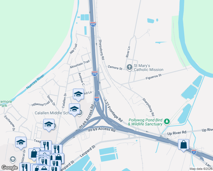 map of restaurants, bars, coffee shops, grocery stores, and more near 4829 Railroad Avenue in Corpus Christi