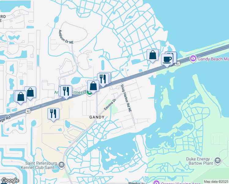 map of restaurants, bars, coffee shops, grocery stores, and more near 10900 Gandy Boulevard North in St. Petersburg