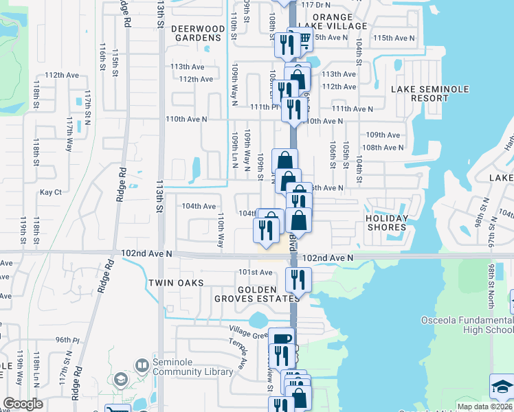 map of restaurants, bars, coffee shops, grocery stores, and more near 10426 109th Street in Largo