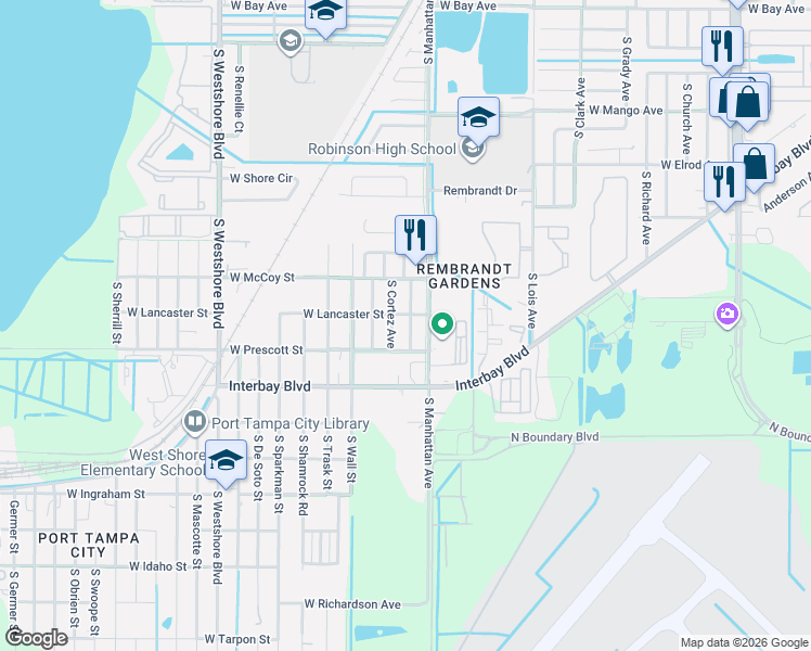 map of restaurants, bars, coffee shops, grocery stores, and more near 6805 South Elemeta Street in Tampa