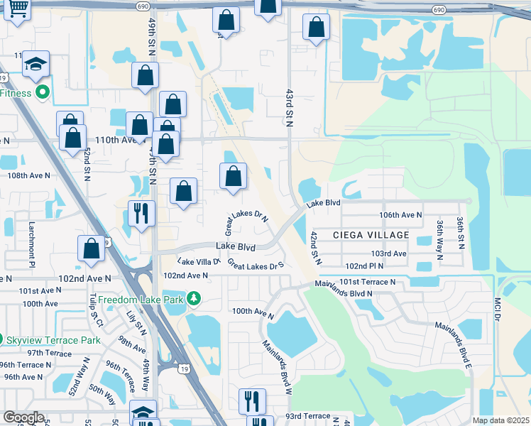 map of restaurants, bars, coffee shops, grocery stores, and more near 4440 Great Lakes Drive South in Clearwater