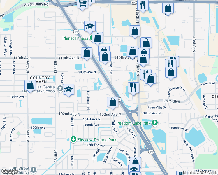 map of restaurants, bars, coffee shops, grocery stores, and more near 5200 Springwood Boulevard in Pinellas Park