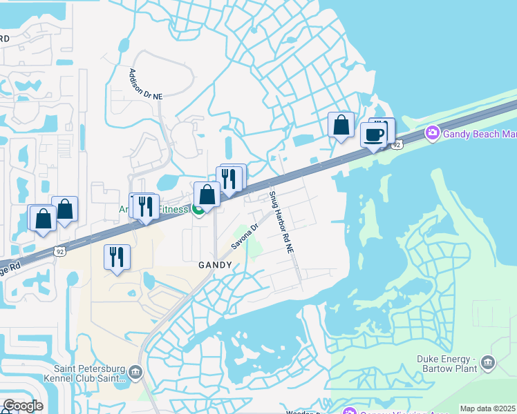 map of restaurants, bars, coffee shops, grocery stores, and more near 1281 Savona Drive in St. Petersburg