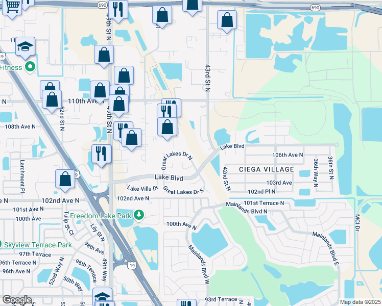 map of restaurants, bars, coffee shops, grocery stores, and more near 4440 Great Lakes Drive South in Clearwater