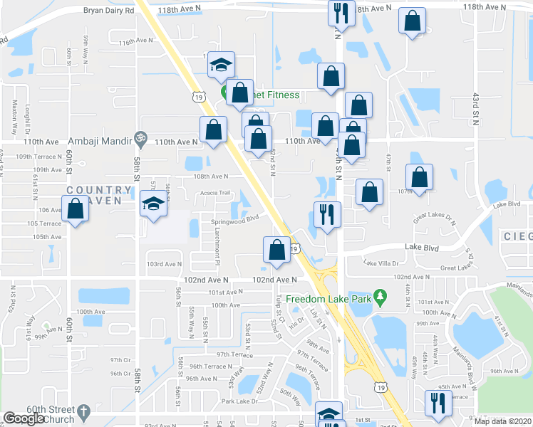 map of restaurants, bars, coffee shops, grocery stores, and more near 5206 Springwood Boulevard in Pinellas Park