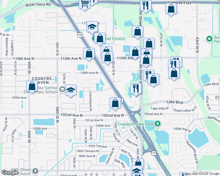 map of restaurants, bars, coffee shops, grocery stores, and more near 5249 Springwood Boulevard in Pinellas Park