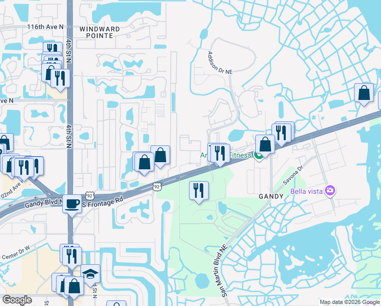 map of restaurants, bars, coffee shops, grocery stores, and more near 10475 Gandy Boulevard North in Saint Petersburg