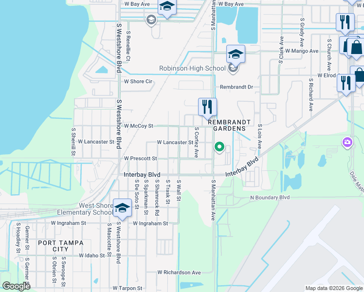 map of restaurants, bars, coffee shops, grocery stores, and more near 6713 South Hesperides Street in Tampa