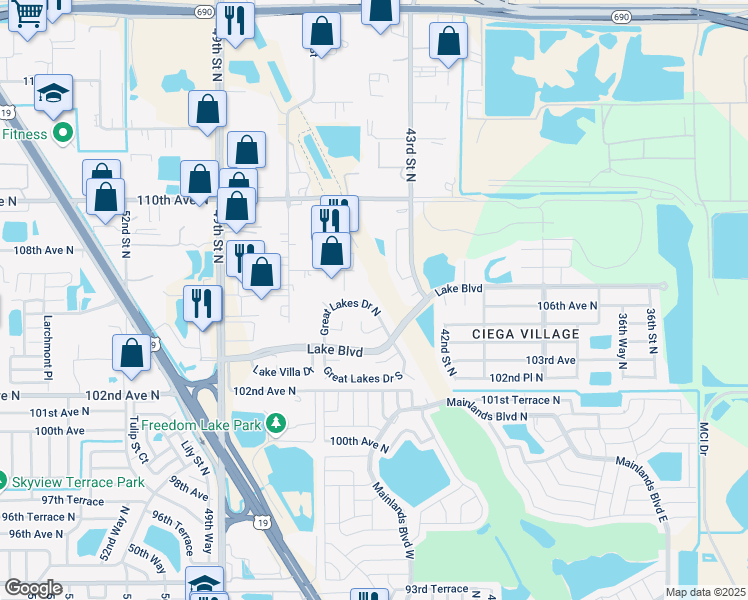 map of restaurants, bars, coffee shops, grocery stores, and more near 4440 Great Lakes Drive South in Clearwater