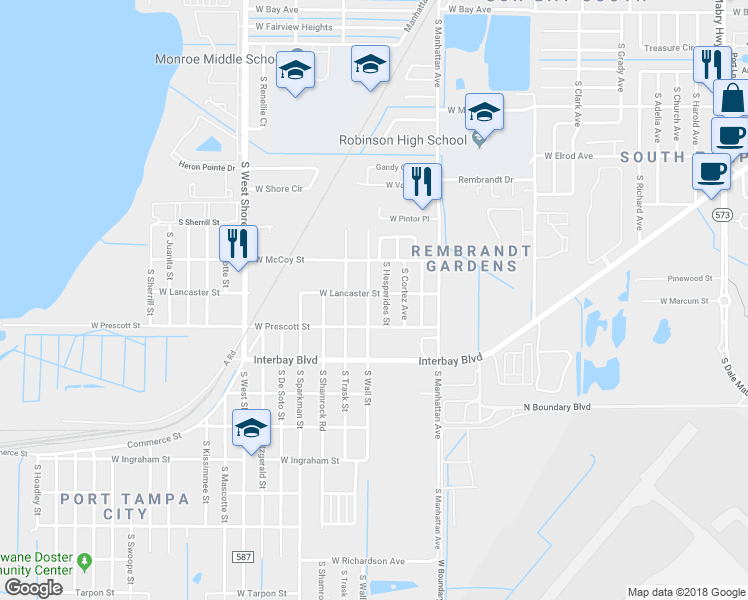 map of restaurants, bars, coffee shops, grocery stores, and more near 6713 South Hesperides Street in Tampa