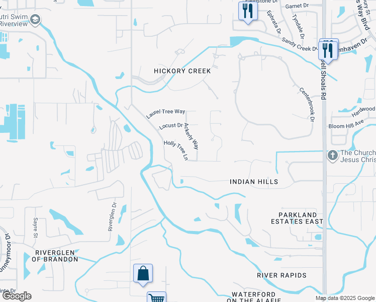 map of restaurants, bars, coffee shops, grocery stores, and more near 110 Holly Tree Lane in Brandon