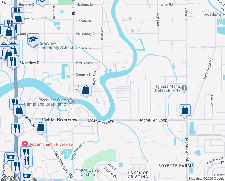 map of restaurants, bars, coffee shops, grocery stores, and more near 840 Riverlawn Park Drive in Riverview