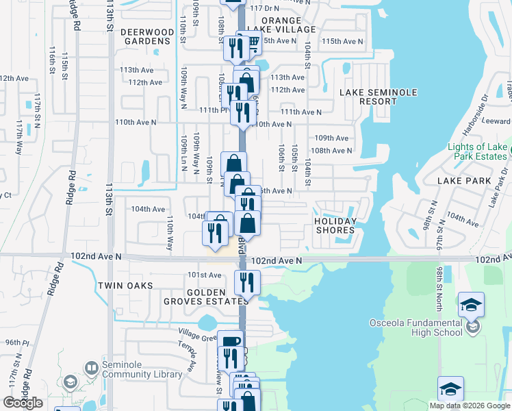 map of restaurants, bars, coffee shops, grocery stores, and more near 10589 Seminole Boulevard in Largo