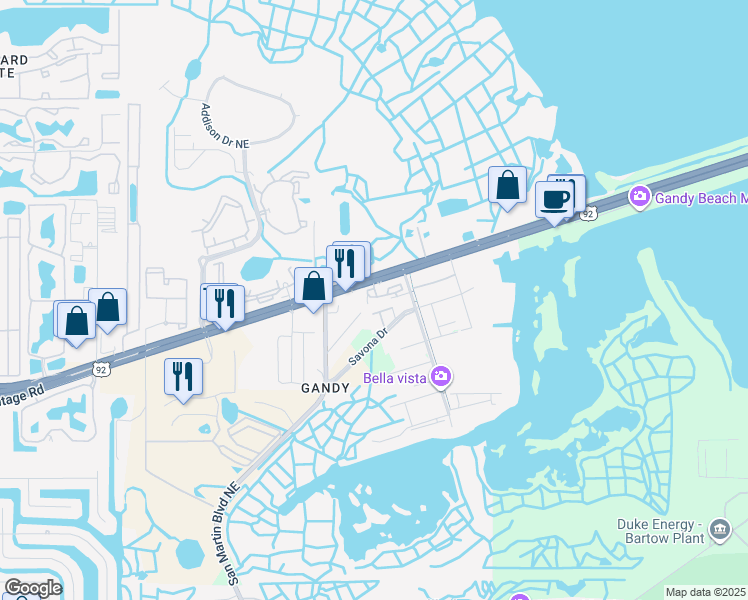 map of restaurants, bars, coffee shops, grocery stores, and more near 10900 Gandy Boulevard North in St. Petersburg
