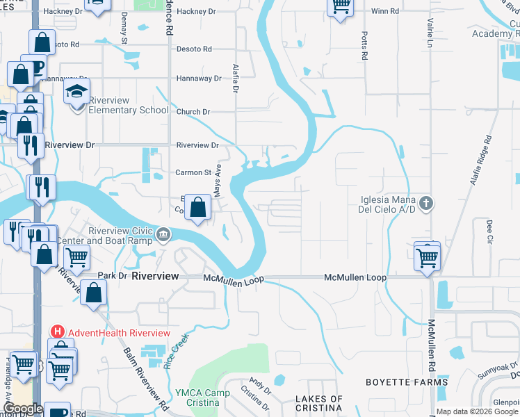 map of restaurants, bars, coffee shops, grocery stores, and more near 840 Riverlawn Park Drive in Riverview