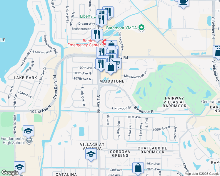 map of restaurants, bars, coffee shops, grocery stores, and more near 10480 Longwood Drive in Largo