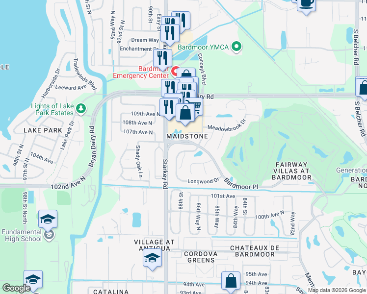 map of restaurants, bars, coffee shops, grocery stores, and more near 10480 Longwood Drive in Largo