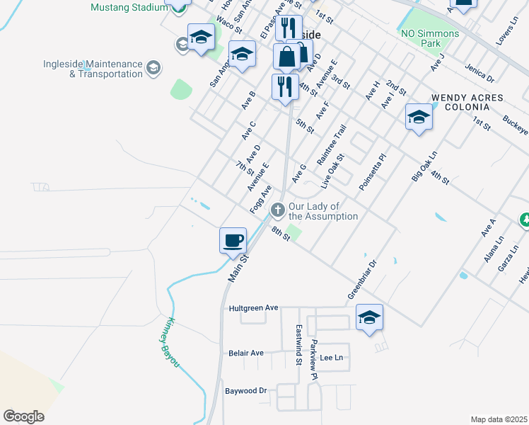 map of restaurants, bars, coffee shops, grocery stores, and more near 2417 South Main Street in Ingleside