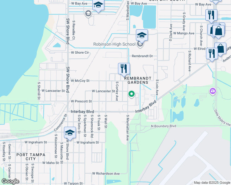 map of restaurants, bars, coffee shops, grocery stores, and more near 6713 South Hesperides Street in Tampa