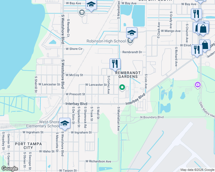 map of restaurants, bars, coffee shops, grocery stores, and more near 6713 South Hesperides Street in Tampa