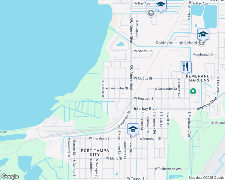 map of restaurants, bars, coffee shops, grocery stores, and more near 6802 South Juanita Street in Tampa