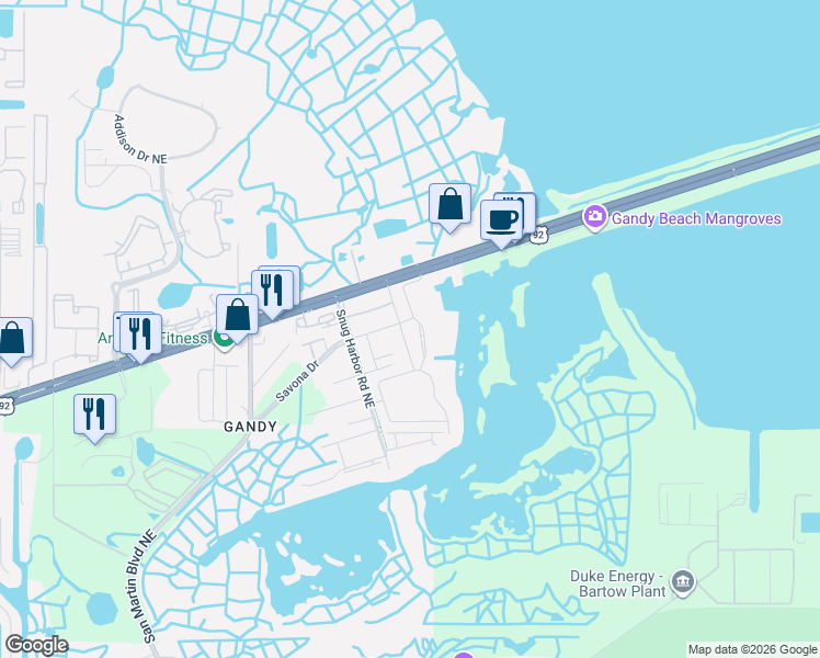 map of restaurants, bars, coffee shops, grocery stores, and more near 11351 San Fernando Drive Northeast in St. Petersburg