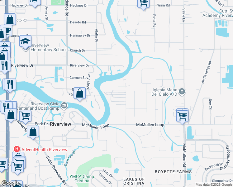 map of restaurants, bars, coffee shops, grocery stores, and more near 808 Riverlawn Park Drive in Riverview