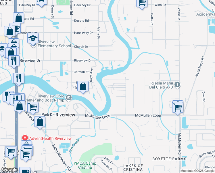 map of restaurants, bars, coffee shops, grocery stores, and more near 840 Riverlawn Park Drive in Riverview