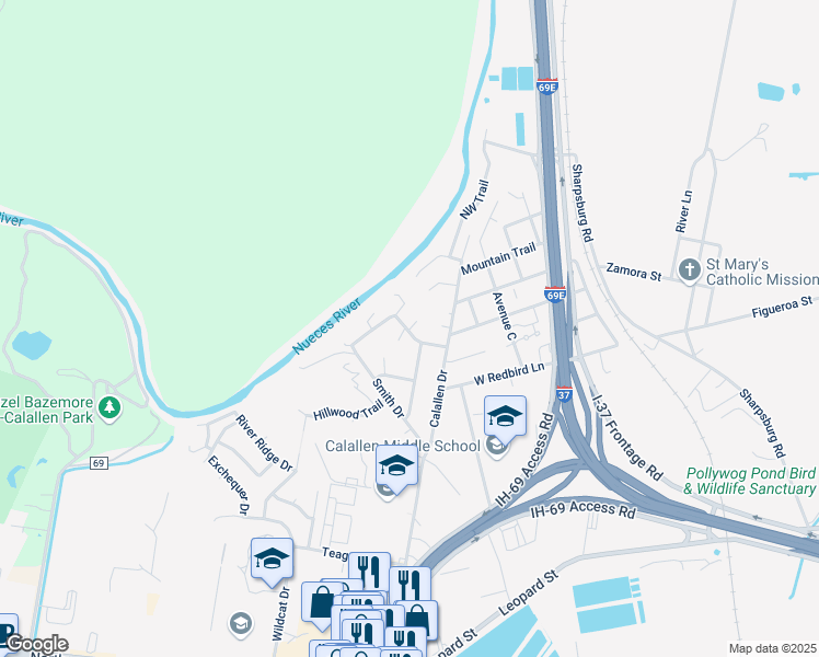 map of restaurants, bars, coffee shops, grocery stores, and more near Forest Circle in Corpus Christi