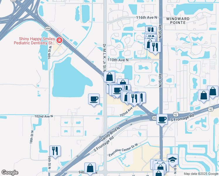 map of restaurants, bars, coffee shops, grocery stores, and more near 10600 Roosevelt Boulevard North in St. Petersburg