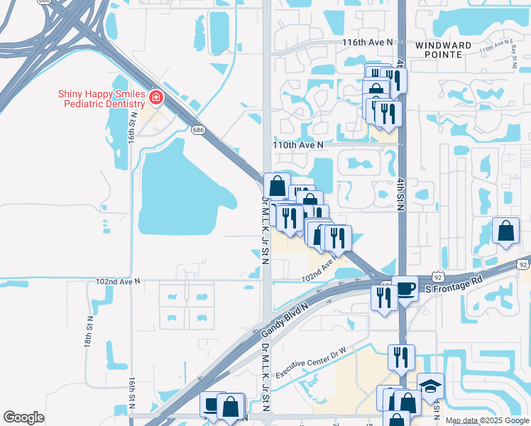 map of restaurants, bars, coffee shops, grocery stores, and more near 10600 Roosevelt Boulevard North in St. Petersburg