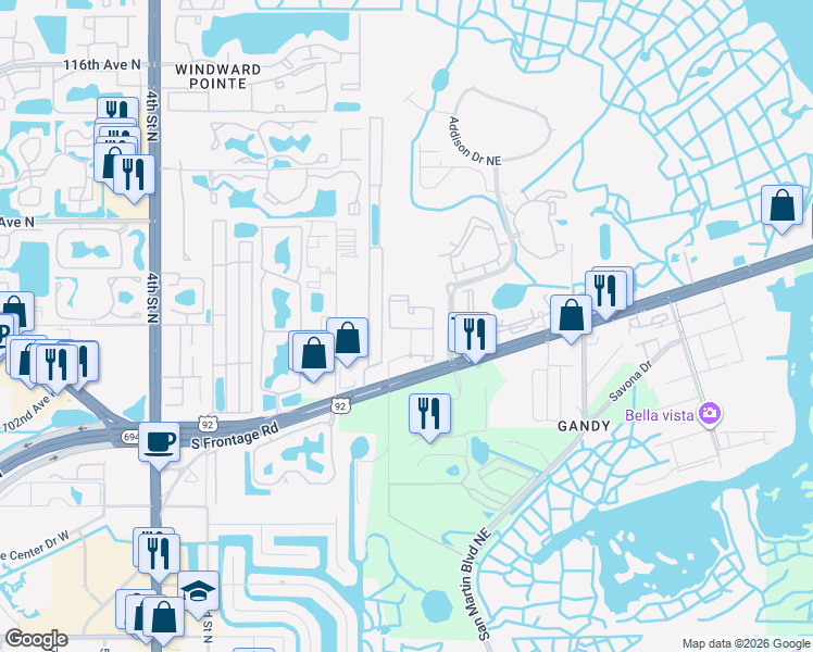 map of restaurants, bars, coffee shops, grocery stores, and more near 10475 Gandy Boulevard North in St. Petersburg